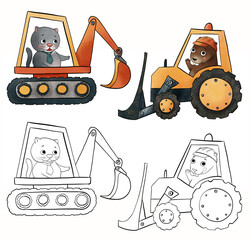 Construction cars coloring book for children. Coloring page with orange excavator, yellow bulldozer,  and their drivers grey cat and brown beaver. Black outline examples to color isolated on white 