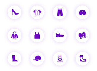 clothes purple color vector icons on light round buttons with purple shadow. clothes icon set for web, mobile apps, ui design and print