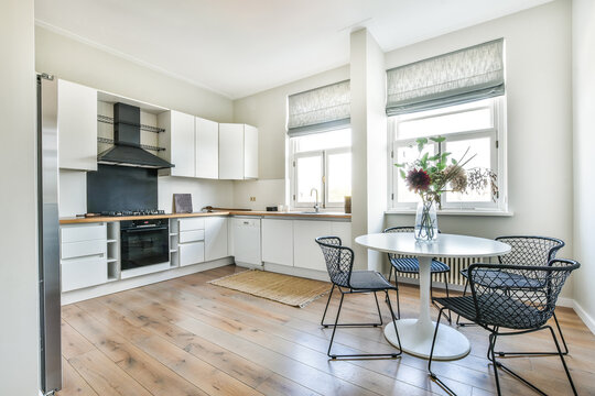 Stylish white kitchen with furniture