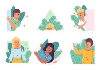 Look out of bushes people. Surveillance from bushes, watching in hideout, teenagers spying from vegetation, young pathfinders, teens peek out different shapes geometric figures, vector set