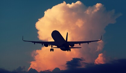 Fototapeta na wymiar Big Airplane in the sky at sunrise or sunset