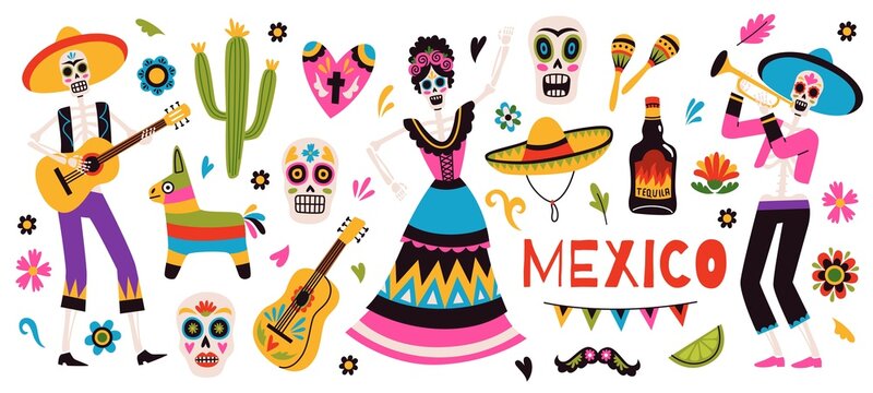 Day of the dead. Traditional mexican holiday symbols, sugar skulls and dancing skeletons, bright flowers and festive carnaval decorative objects, vector cartoon flat style isolated set