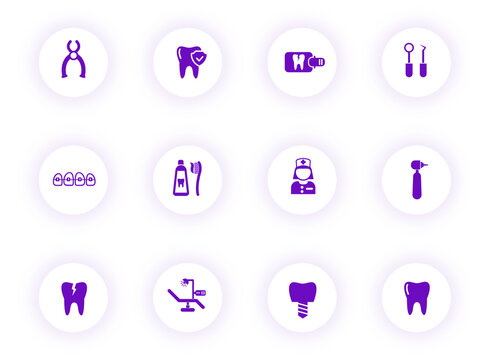 dental purple color vector icons on light round buttons with purple shadow. dental icon set for web, mobile apps, ui design and print