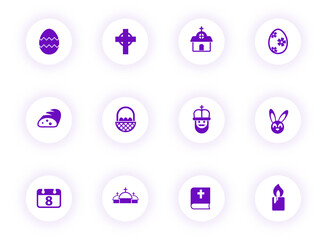 easter purple color vector icons on light round buttons with purple shadow. easter icon set for web, mobile apps, ui design and print