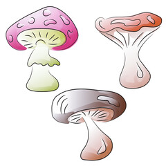 set of stickers of different types of cartoon mushrooms in watercolor style