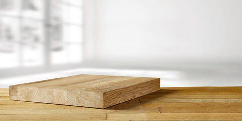 Wooden desk of free space and winter window background 