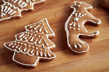 Christmas gingerbread cookies decorated with icing