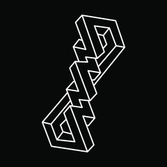 Impossible shape. Sacred geometry figures. Optical illusion. Abstract eternal geometric object. Impossible endless outline. Optical art. Impossible geometry symbol on a black background. Line art.