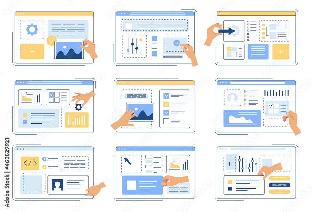 Poster Hands making app. Web developers designers or engineers creative team create website layout pages with dividers vector working human hand