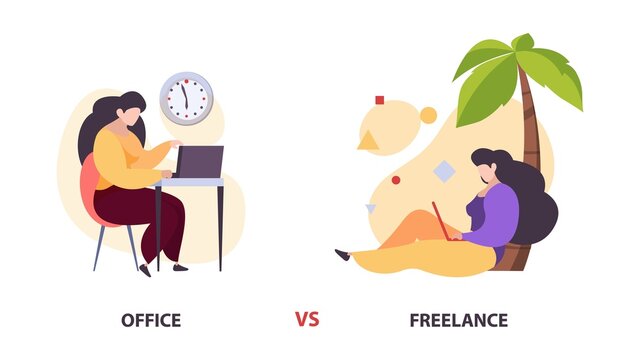 Freelance vs office work. Woman with laptop in diverce location vector concept