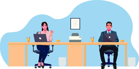 young people man and woman working on laptops at office concept vector illustration programming distance learning