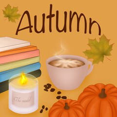 Autumn postcard with the image of maple leaves, books, a cup of coffee, a candle, pumpkins