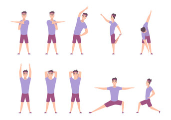 Stretching exercises. Workout physical movements for flexibility muscles sport stretching poses exact vector pictures in flat style