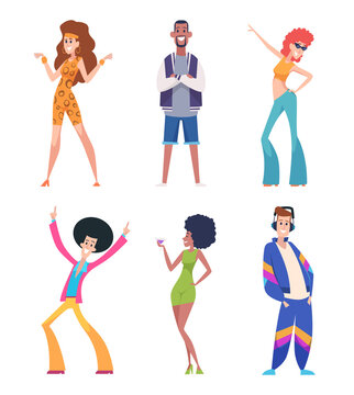 80s people. Old style persons in casual colored clothes outfit characters man and women exact vector retro persons