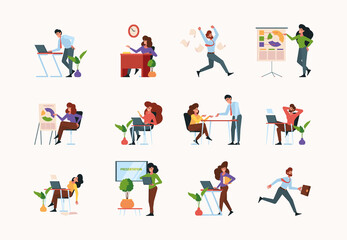 Fototapeta na wymiar Business scenes. Active managers office people business collaboration persons talking sitting dialogue and brainstorming garish vector flat characters isolated