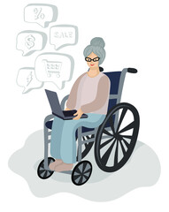 
Grandmother makes online purchases on a laptop while sitting in a wheelchair. Vector illustration in flat style