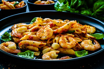 Penne with fried prawns in on black wooden background
