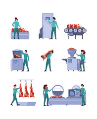 Pork production. Sausage manufacturing processes pig cooking industrial meat making garish vector flat illustrations set