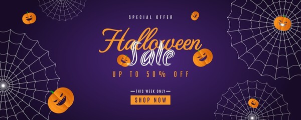 Purple gradient color Halloween sale background with pumpkin and spider web elements. Very suitable for banner, poster, flyer, advertising, etc