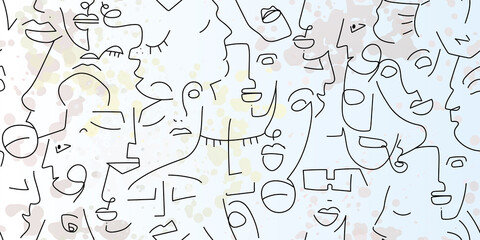 One line drawing. Abstract face seamless pattern.