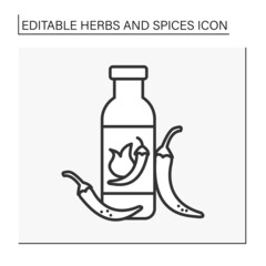  Chili line icon. Hot-tasting sauce for bbq with pepper pieces. Additional taste for food. Herbs and spices concept. Isolated vector illustration. Editable stroke