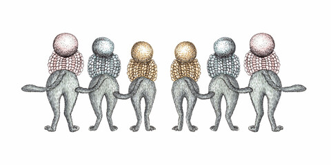 Obraz premium Hand drawn illustration of funny kittens in knitted hats