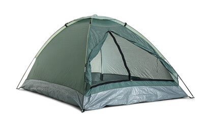 Comfortable dark green camping tent on white background - obrazy, fototapety, plakaty