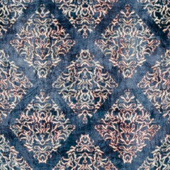 Seamless damask flourish motif Victorian-style surface pattern design for print. High-quality illustration. Luxurious fancy tapestry rug design for interior, wallpaper, or fabric. Navy blue and cream.