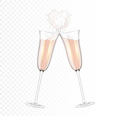 Transparent realistic two glasses of champagne with heart, isolated.