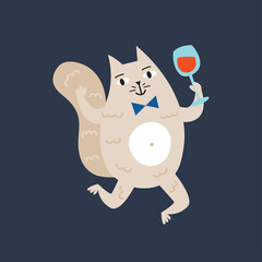 Domestic funny cat celebrating, dancing with glass of wine. Vector illustration isolated on dark background.