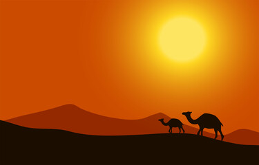 Fototapeta na wymiar Cartoon desert landscape with hills, camels and mountains silhouettes, nature vector flat background