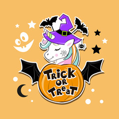 Halloween card with unicorn wearing witch hat and pumpkin. Vector illustration of cartoon animals © Lucky Project