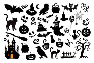 Fototapeta premium Collection of silhouettes for the day of Halloween. Vector illustration isolated