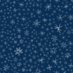 Hand Drawn Snowflakes Christmas Seamless Pattern. Subtle Flying Snow Flakes on chalk snowflakes Background. Awesome chalk handdrawn snow overlay. Likable holiday season decoration.