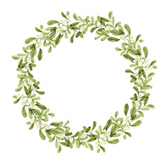 Watercolor painted mistletoe Christmas wreath.