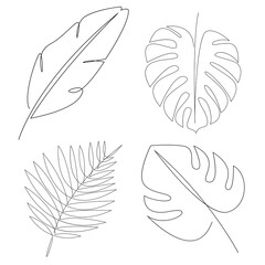 One line tropical leaves design silhouette. Palm leaf logo design. Hand drawn banana leaf minimalism style vector illustration. Palm leaf minimal style drawing set.
