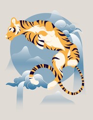2022 Year of Water Tiger sign on Chinese calendar. Wild cat among the eastern mountains in the fog and waterfalls. Large tiger lies on its back against background of blue clouds. Vector illustration
