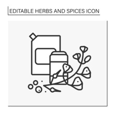  Mustard line icon. Hot-tasting seasoning in a jar for food. Strong-smelling and strong-tasting herb. Herbs and spices concept. Isolated vector illustration. Editable stroke