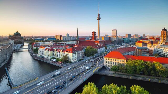 Day Time Lapse of Berlin cityscape with spree river and tv tower, Berlin, Germany