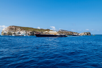 Panarea island (Aeolian archipelago), Lipari, Messina, Sicily, Italy, 08.21.2021: view of the rocky coast of 