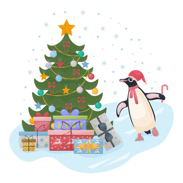 Cute Christmas illustration with a picture of a Christmas tree with gifts, and a cute penguin dancing around the tree. Children s New Year s illustration. Holiday card, vector illustration