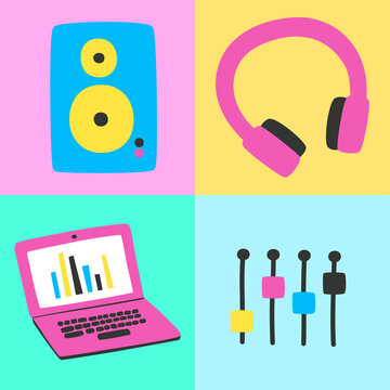 Equipment for sound recording and radio, bright icons in flat style.