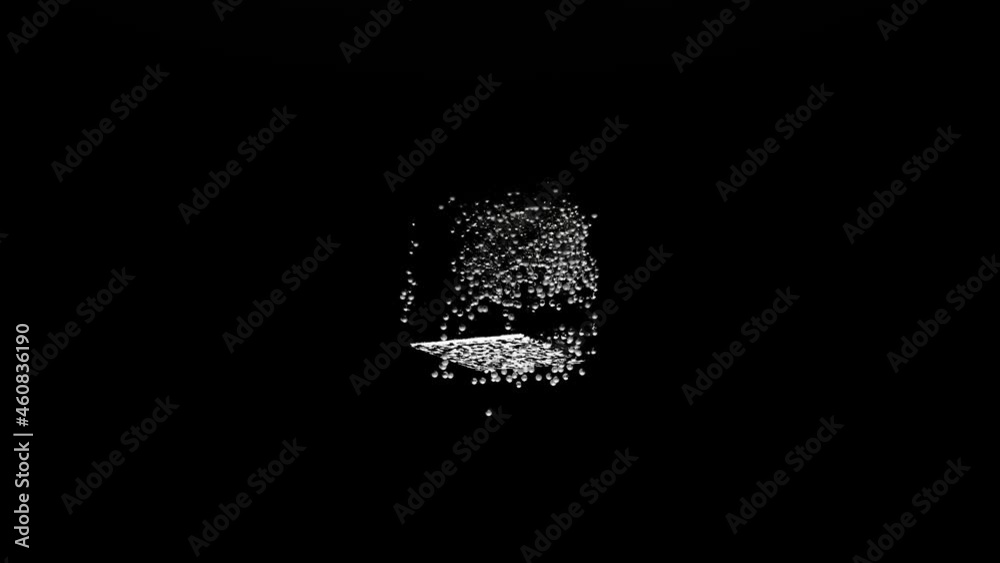 Poster close up of silver metallic cube rotating surrounded by endless quantity of tiny spheres. design. 3d