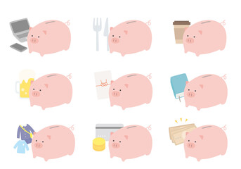 豚の貯金箱と家計簿の項目イラストいろいろ（通信費など）