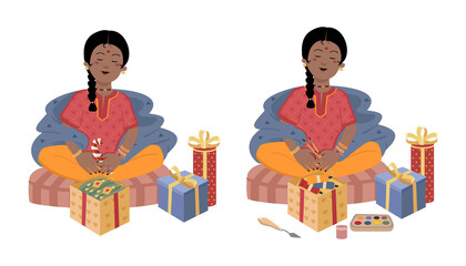 Young Indian girl sitting in lotus position with gifts. 
