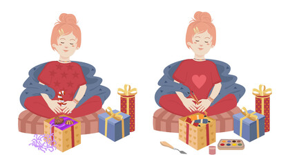 A young girl sits in a lotus position with gifts. The girl opens gifts with sweets and materials for creativity and drawing. Vector holiday stickers and patches with a girl.