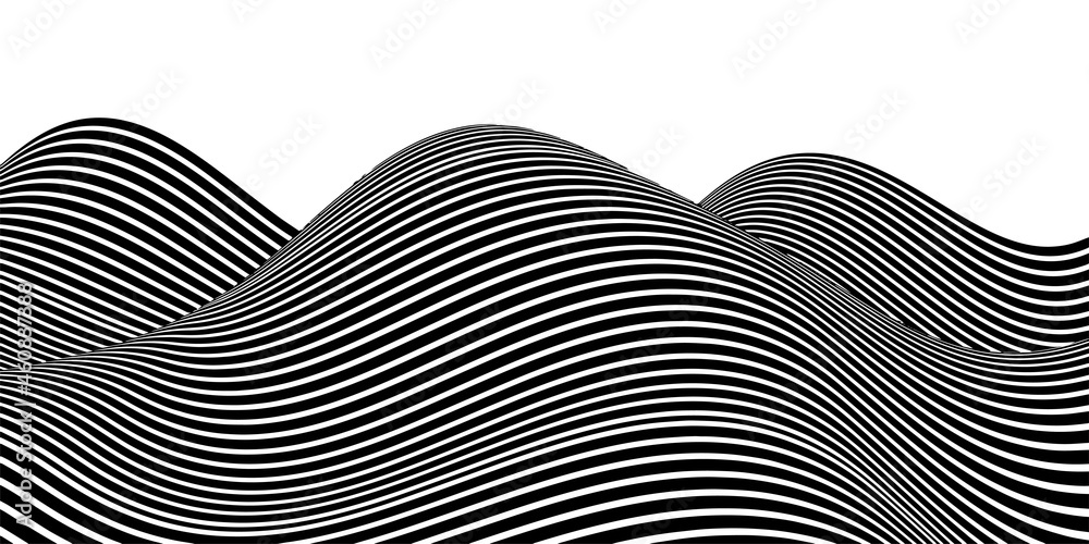 Poster optical illusion curve wave. abstract vector background with black and white lines. pattern distorte