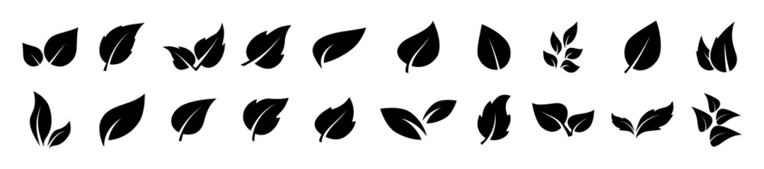 Green leaves icons in flat style for graphic design. Collection with green leaves, environment and nature eco sign. Organic, eco, green product. Ecology nature element vector icon