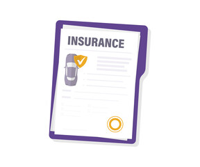 Car insurance. Insurance policy. Protecting car with insurance. Document for obtaining insurance payment and car protection. Car insurance service, protection property. Shield with check mark