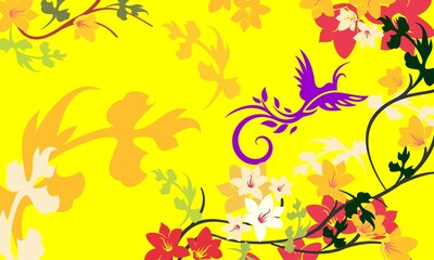 yellow background with flowers and birds